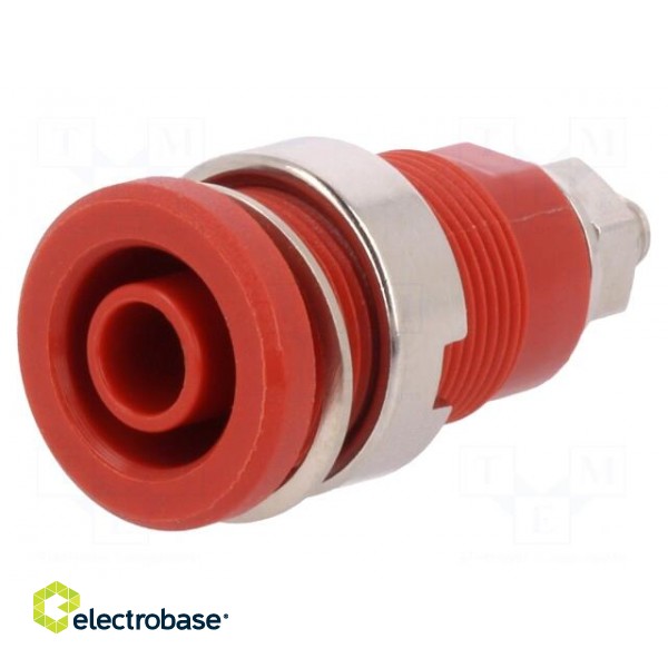 Socket | 4mm banana | 32A | red | nickel plated | on panel,screw | 32mm