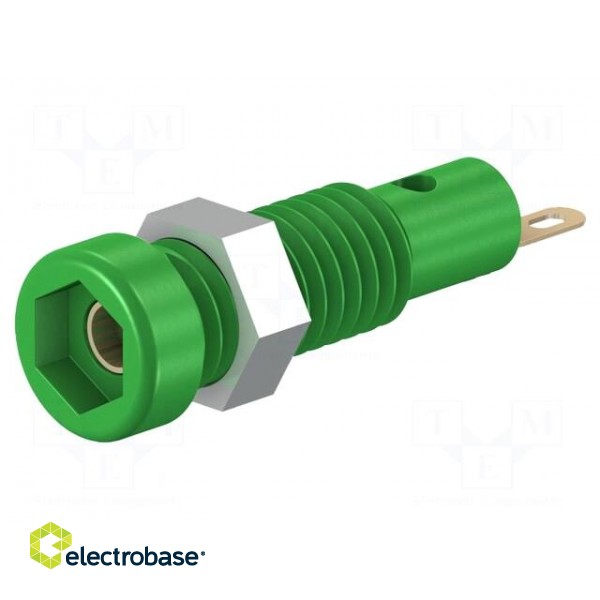 Socket | 2mm banana | 10A | 23.3mm | green | soldered,on panel | 60VDC