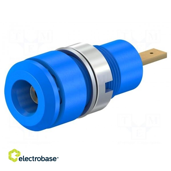Socket | 2mm banana | 10A | 28mm | blue | soldered,on panel | insulated