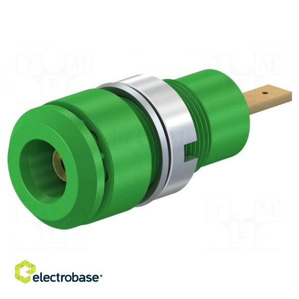 Socket | 2mm banana | 10A | 28mm | green | soldered,on panel | insulated