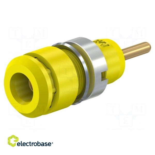Socket | 2mm banana | 10A | 29mm | yellow | on panel | insulated