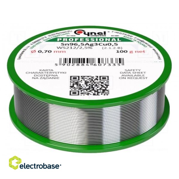 Soldering wire | Sn96,5Ag3Cu0,5 | 0.7mm | 100g | lead free | reel | 2.5%