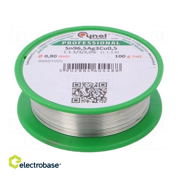 Soldering wire | Sn96,5Ag3Cu0,5 | 0.8mm | 100g | lead free | reel | 3%