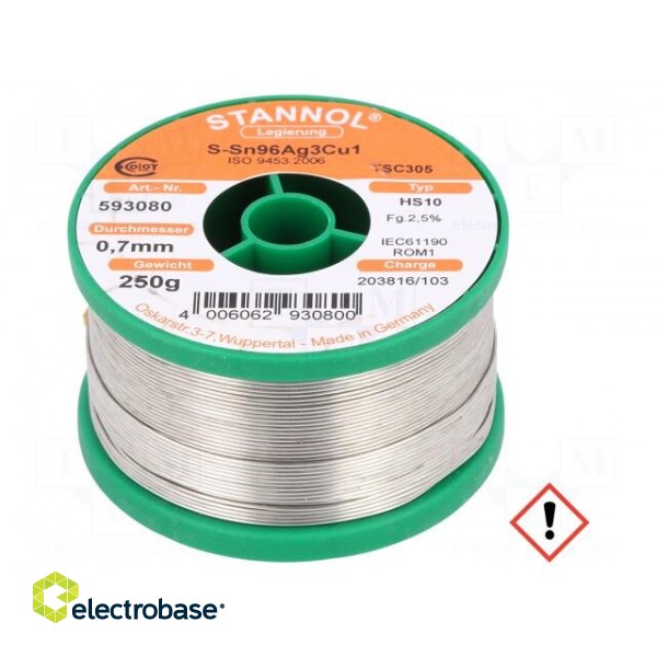 Soldering wire | Sn96Ag3Cu1 | 0.7mm | 0.25kg | lead free | reel | HS10