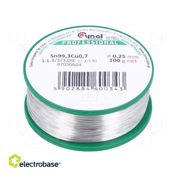 Soldering wire | Sn99,3Cu0,7 | 0.25mm | 100g | lead free | reel | 227°C
