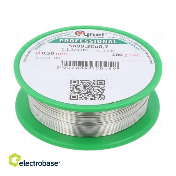 Soldering wire | Sn99,3Cu0,7 | 0.5mm | 100g | lead free | Package: reel