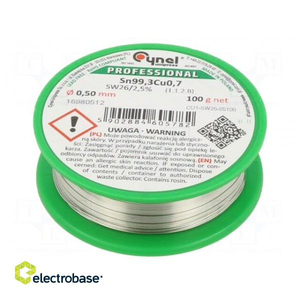 Soldering wire | Sn99,3Cu0,7 | 0.5mm | 100g | lead free | Package: reel