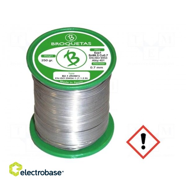 Soldering wire | Sn99,3Cu0,7 | 0.7mm | 0.25kg | lead free | reel | 220°C
