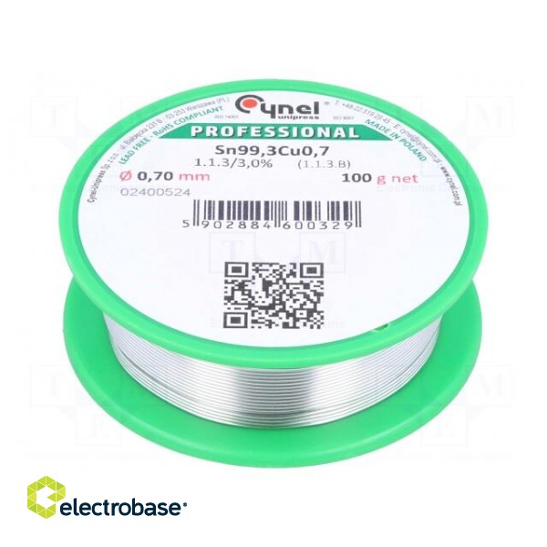 Soldering wire | Sn99,3Cu0,7 | 0.7mm | 100g | lead free | reel | 227°C