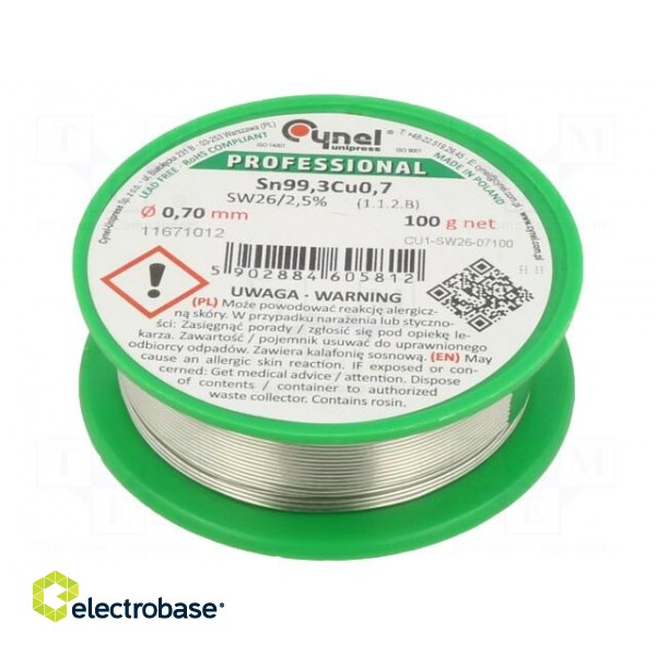 Soldering wire | Sn99,3Cu0,7 | 0.7mm | 100g | lead free | Package: reel