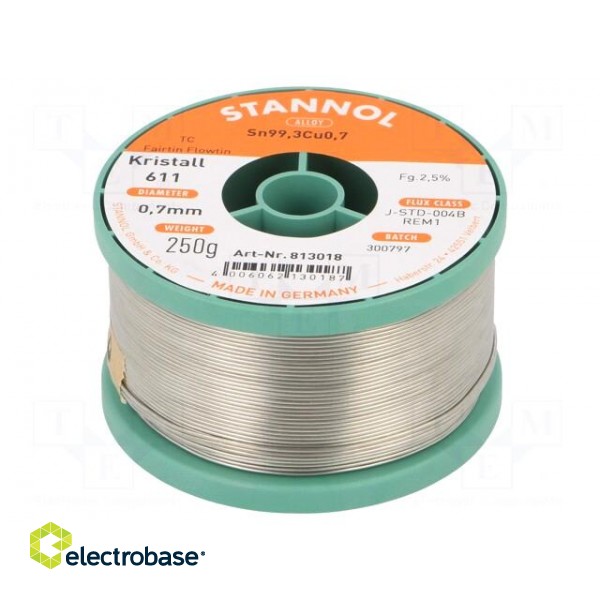 Soldering wire | Sn99,3Cu0,7 | 0.7mm | 250g | lead free | reel | 2.5%