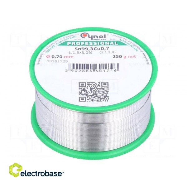 Soldering wire | Sn99,3Cu0,7 | 0.7mm | 250g | lead free | Package: reel
