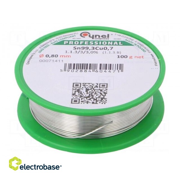 Soldering wire | Sn99,3Cu0,7 | 0.8mm | 100g | lead free | Package: reel