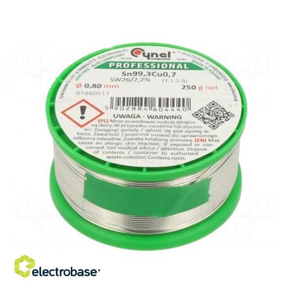 Soldering wire | Sn99,3Cu0,7 | 0.8mm | 250g | lead free | Package: reel