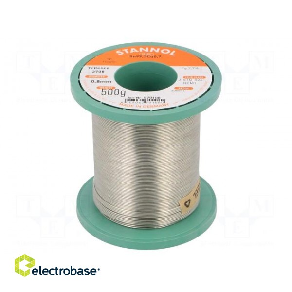 Soldering wire | Sn99,3Cu0,7 | 0.8mm | 500g | lead free | reel | 2.7%