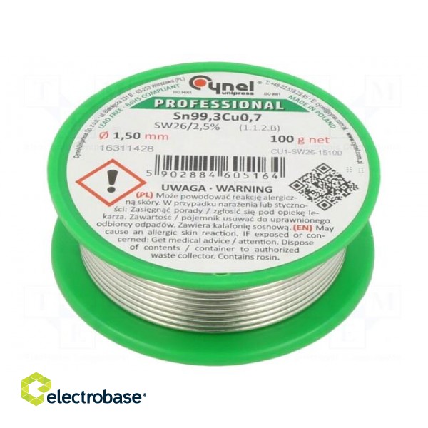 Soldering wire | Sn99,3Cu0,7 | 1.5mm | 100g | lead free | reel | 227°C