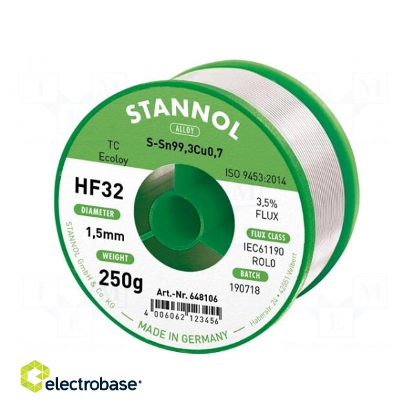 Soldering wire | Sn99,3Cu0,7 | 1.5mm | 250g | lead free | reel | 3.5%