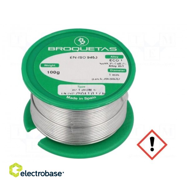 Soldering wire | Sn99,3Cu0,7 | 1mm | 0.1kg | lead free | reel | 220°C
