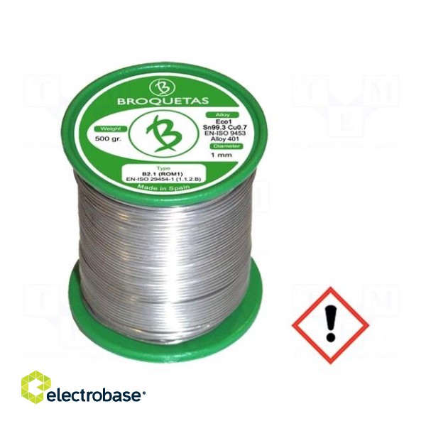 Soldering wire | Sn99,3Cu0,7 | 1mm | 0.5kg | lead free | Package: reel