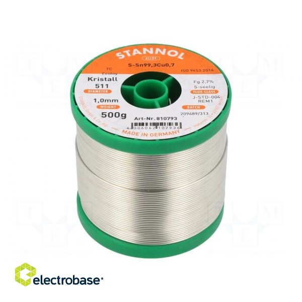Soldering wire | Sn99,3Cu0,7 | 1mm | 0.5kg | lead free | reel | 227°C