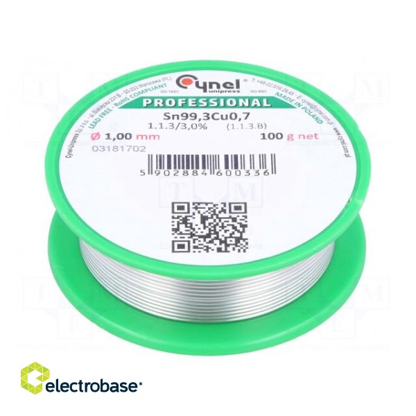 Soldering wire | Sn99,3Cu0,7 | 1mm | 100g | lead free | reel | 227°C | 3%