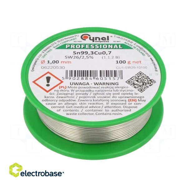 Soldering wire | Sn99,3Cu0,7 | 1mm | 100g | lead free | reel | 227°C