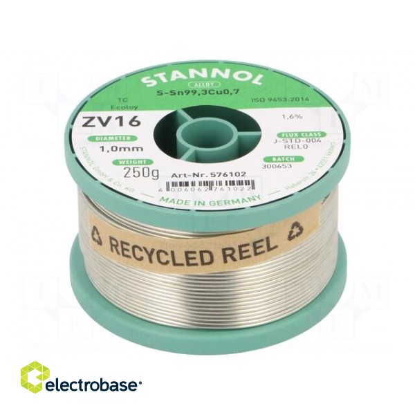 Soldering wire | Sn99,3Cu0,7 | 1mm | 250g | lead free | reel | 1.6% | ZV16