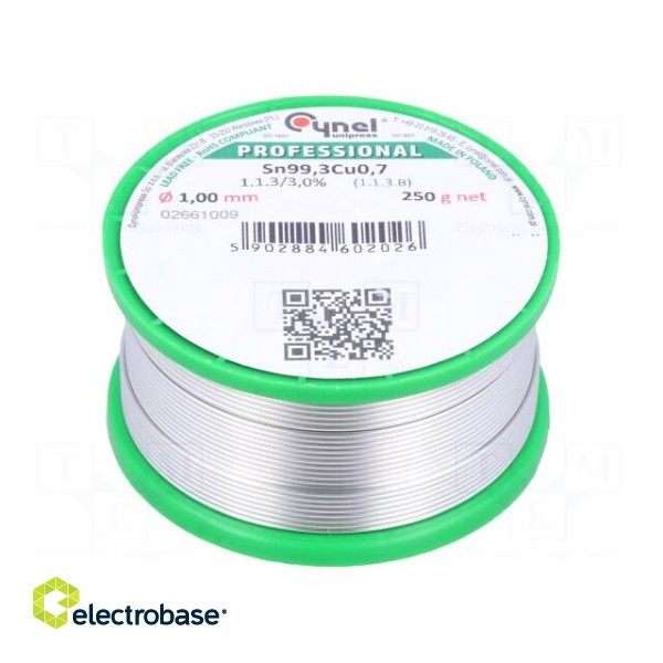 Soldering wire | Sn99,3Cu0,7 | 1mm | 250g | lead free | reel | 227°C | 3%