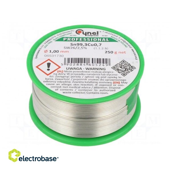 Soldering wire | Sn99,3Cu0,7 | 1mm | 250g | lead free | Package: reel