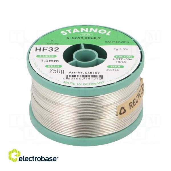 Soldering wire | Sn99,3Cu0,7 | 1mm | 250g | lead free | reel | 3.5% | HF32