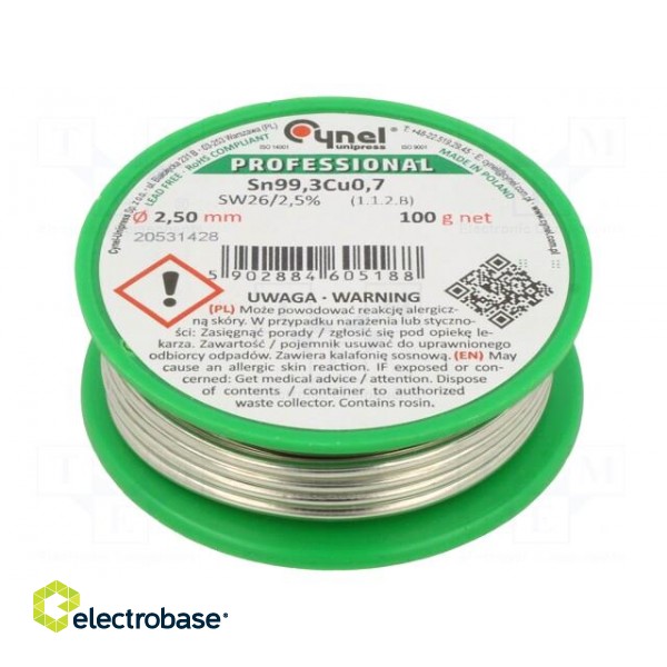 Soldering wire | Sn99,3Cu0,7 | 2.5mm | 100g | lead free | Package: reel