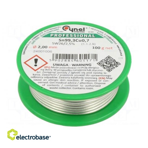 Soldering wire | Sn99,3Cu0,7 | 2mm | 100g | lead free | Package: reel