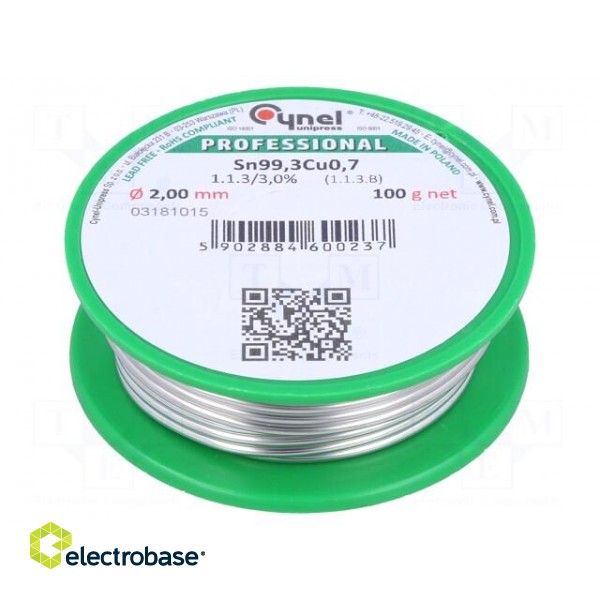Soldering wire | Sn99,3Cu0,7 | 2mm | 100g | lead free | reel | 227°C | 3%