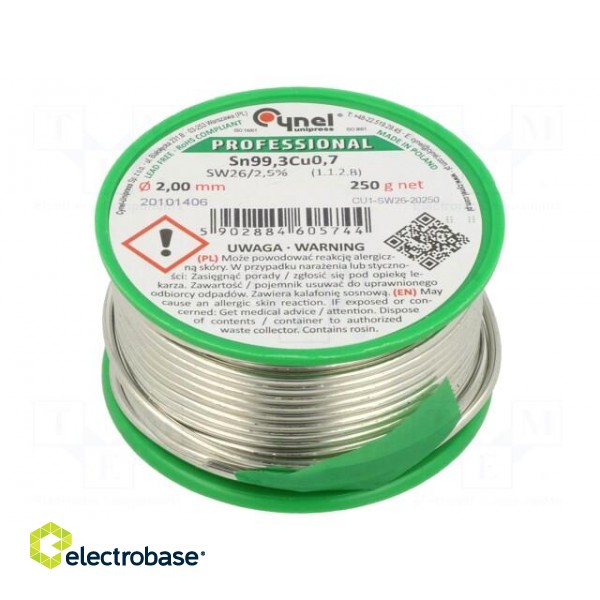 Soldering wire | Sn99,3Cu0,7 | 2mm | 250g | lead free | Package: reel