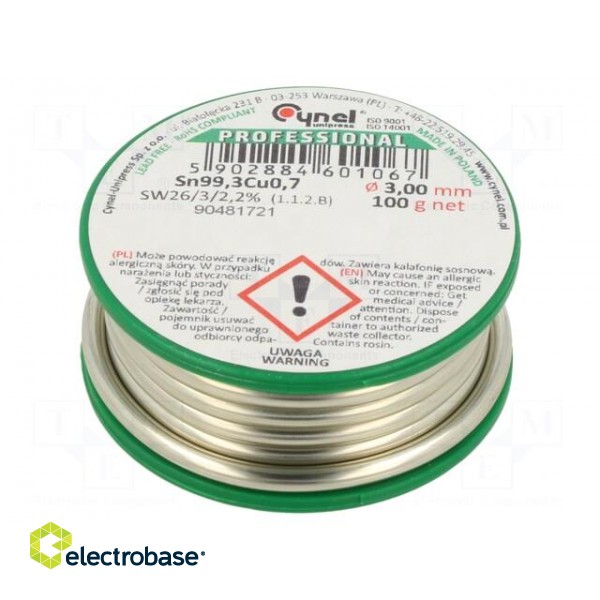 Soldering wire | Sn99,3Cu0,7 | 3mm | 100g | lead free | Package: reel