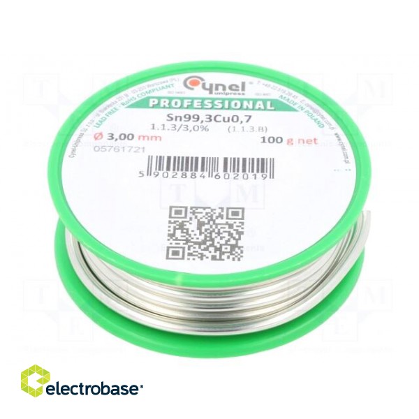 Soldering wire | Sn99,3Cu0,7 | 3mm | 100g | lead free | reel | 227°C | 3%