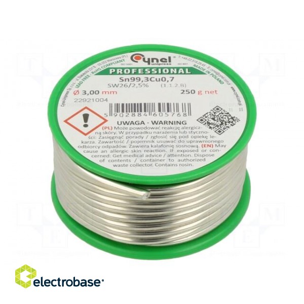 Soldering wire | Sn99,3Cu0,7 | 3mm | 250g | lead free | Package: reel
