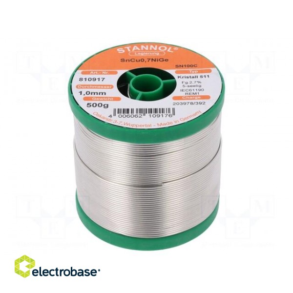 Soldering wire | Sn99,3Cu0,7+NiGe | 1mm | 0.5kg | lead free | 227°C