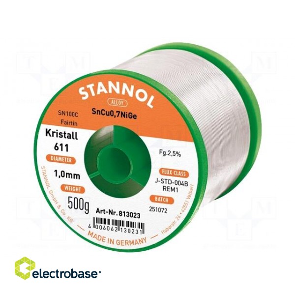 Soldering wire | Sn99,3Cu0,7+NiGe | 1mm | 500g | lead free | reel | 2.5%