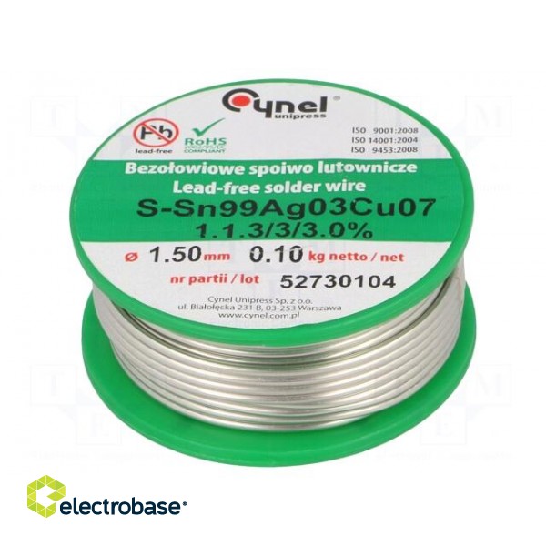 Soldering wire | Sn99Ag0,3Cu0,7 | 1.5mm | 100g | lead free | reel | 3%