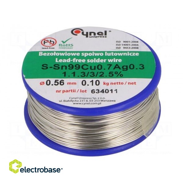 Soldering wire | Sn99Ag0,3Cu0,7 | 560um | 100g | lead free | reel | 3%