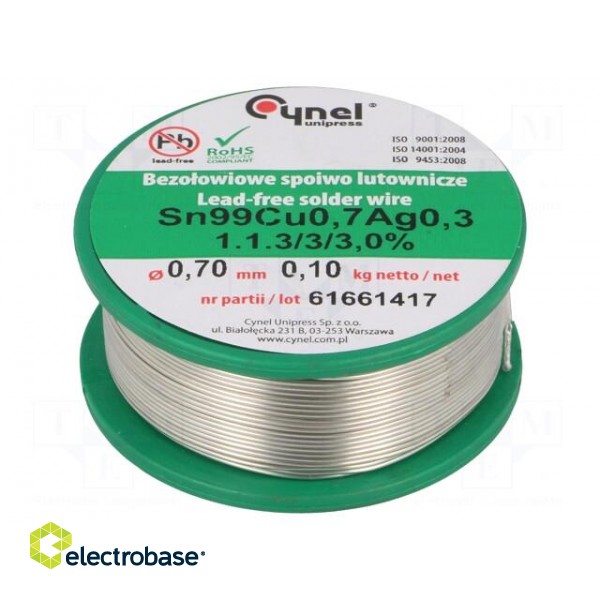 Soldering wire | Sn99Ag0,3Cu0,7 | 700um | 100g | lead free | 216÷227°C