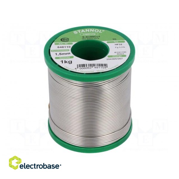Soldering wire | Sn99Cu1 | 1.5mm | 1kg | lead free | Package: reel