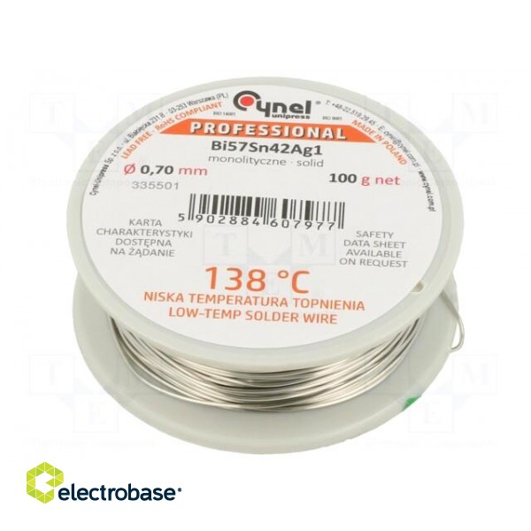 Solid,soldering wire | Bi57Sn42Ag1 | 0.7mm | 100g | lead free | reel