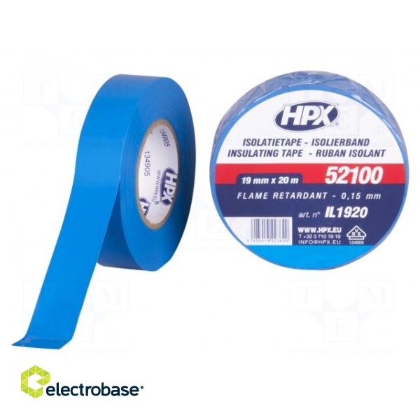 Tape: electrical insulating | W: 19mm | L: 20m | Thk: 0.15mm | blue | 125%