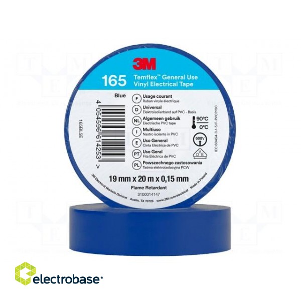 Tape: electrical insulating | W: 19mm | L: 20m | Thk: 0.15mm | blue | 200%