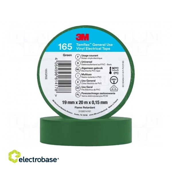 Tape: electrical insulating | W: 19mm | L: 20m | Thk: 0.15mm | green