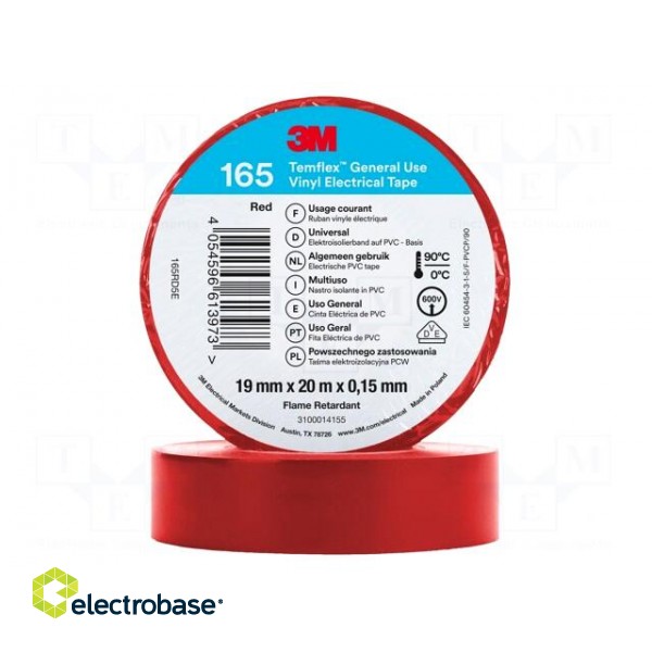Tape: electrical insulating | W: 19mm | L: 20m | Thk: 0.152mm | red | 200%