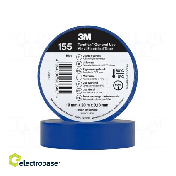 Tape: electrical insulating | W: 19mm | L: 20m | Thk: 130um | blue | 150%