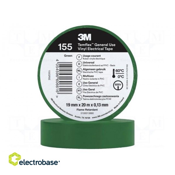 Tape: electrical insulating | W: 19mm | L: 20m | Thk: 130um | green | 150%